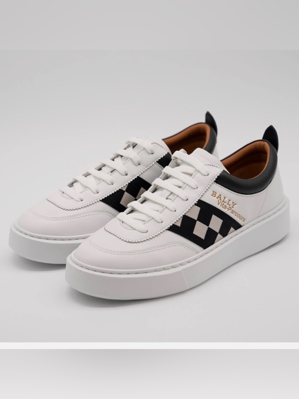 Bally Vita Parcours White Lamb Leather Sneaker with Black Checkerboard Accent